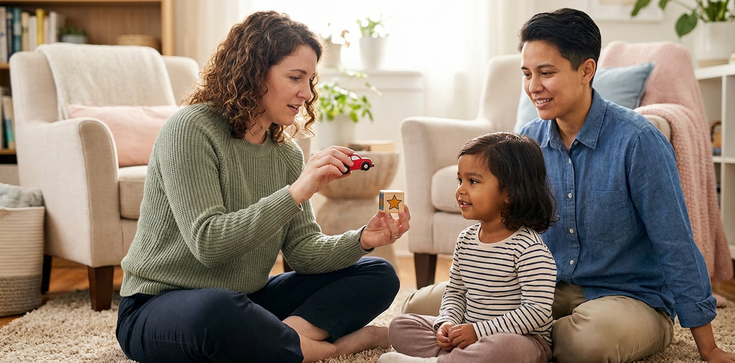 A female therapist sits on a rug in a warm living room, showing a preschool-aged child a toy car and a wooden block while another adult sits nearby smiling supportively.