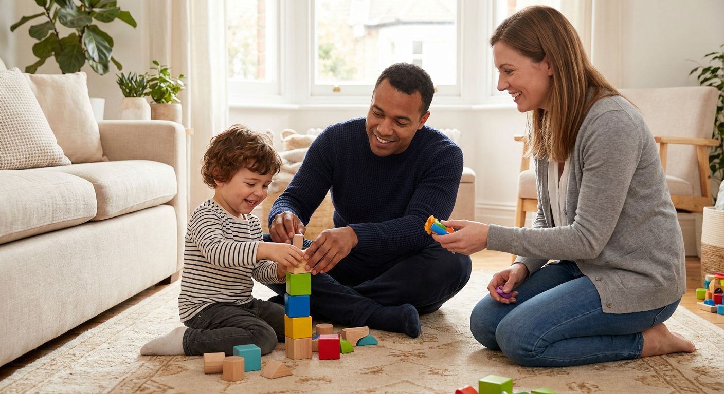 A preschool-aged child sits on a living room rug stacking colorful blocks with a smiling parent and a female therapist beside them, all engaged together in a bright, cozy home setting.