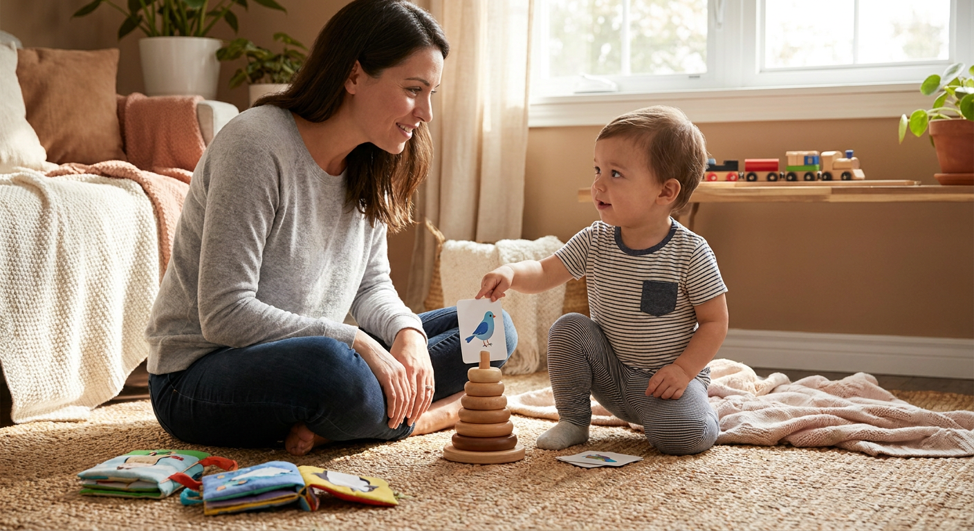 A mother sits on a living room rug with a toddler around 2–3 years old, smiling and making eye contact while the child holds up a picture card beside stacking rings in a warm, sunlit home setting with a few toys nearby.