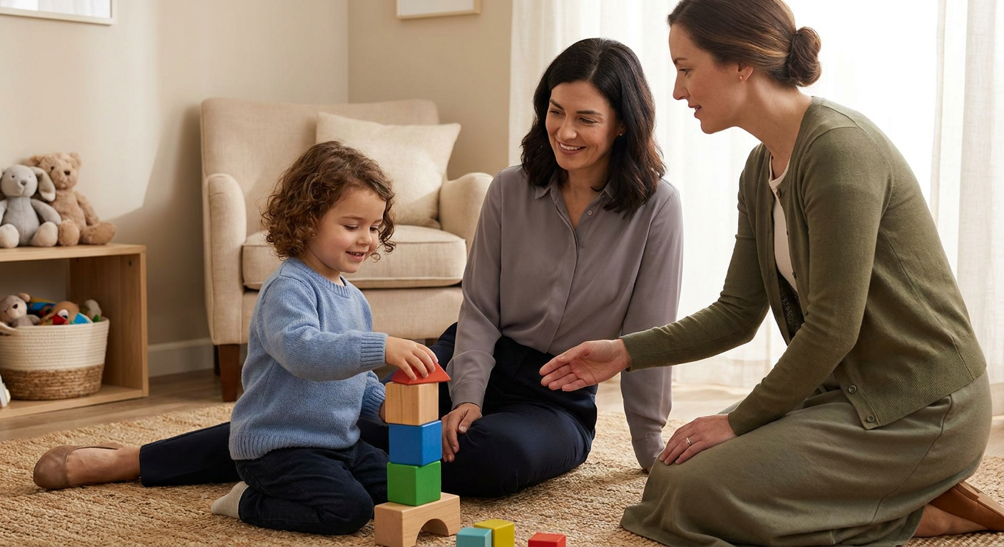A preschool-aged child sits on a rug in a warm living-room setting stacking colorful blocks while a parent and a female therapist sit nearby smiling and engaging with the child; a soft armchair, neutral decor, and a few toys are visible in the background.