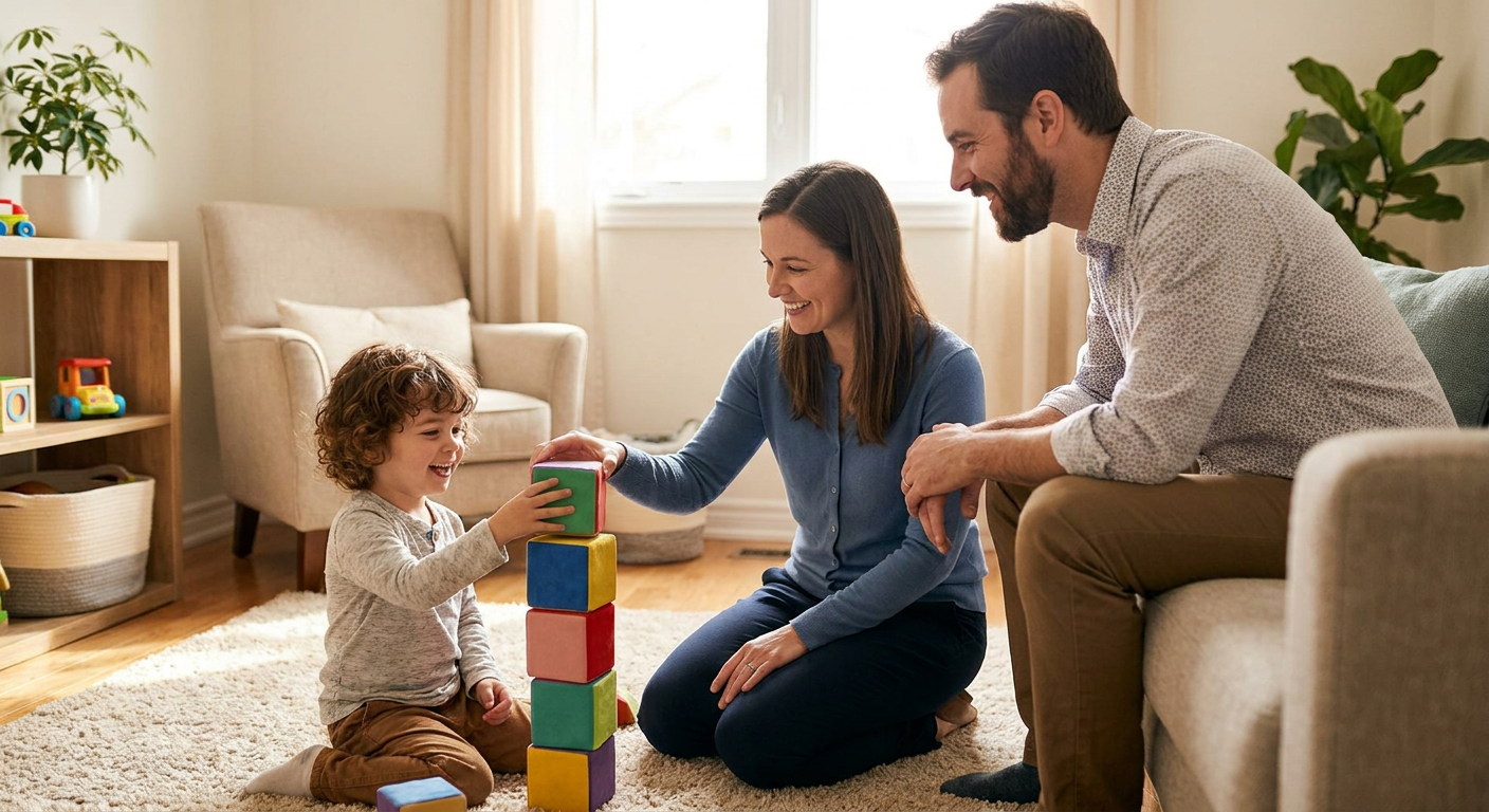 A young child around preschool age sits on a living room rug stacking colorful blocks with a smiling woman and man nearby in a warm, sunlit home setting with soft furniture and toys in the background.