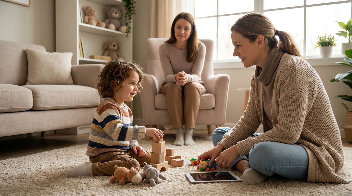 A young child around 4 sits on a soft rug in a warm living-room-style evaluation space, stacking wooden blocks while a female therapist sits nearby with toys and a tablet and a parent watches supportively from a chair in the background.