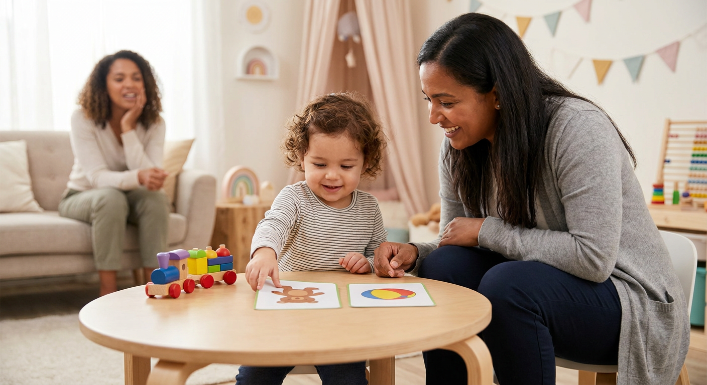 A toddler sits at a small round table in a warm, child-friendly therapy room, pointing to picture cards while a female therapist sits beside him smiling, with a parent watching supportively from the background and a small toy on the table.