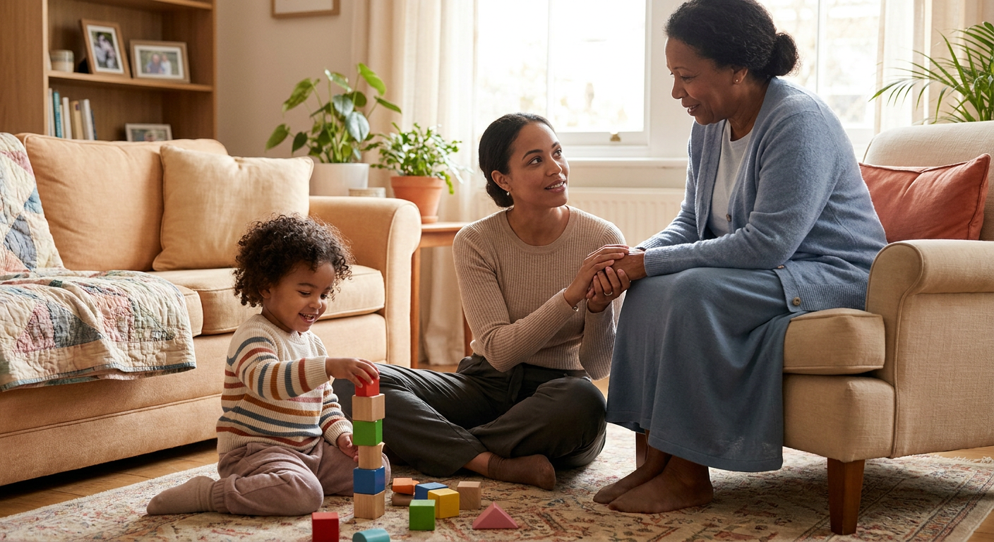 A preschool-aged child stacks colorful wooden blocks on a rug in a cozy living room while their mother sits nearby holding hands with an older grandmother, all smiling in a warm family setting.