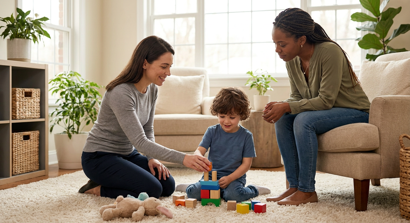 A young child around 4 years old sits on a rug in a bright, cozy living-room setting, stacking colorful blocks while a smiling mother kneels beside him and a female therapist sits nearby, both watching and supporting the play.