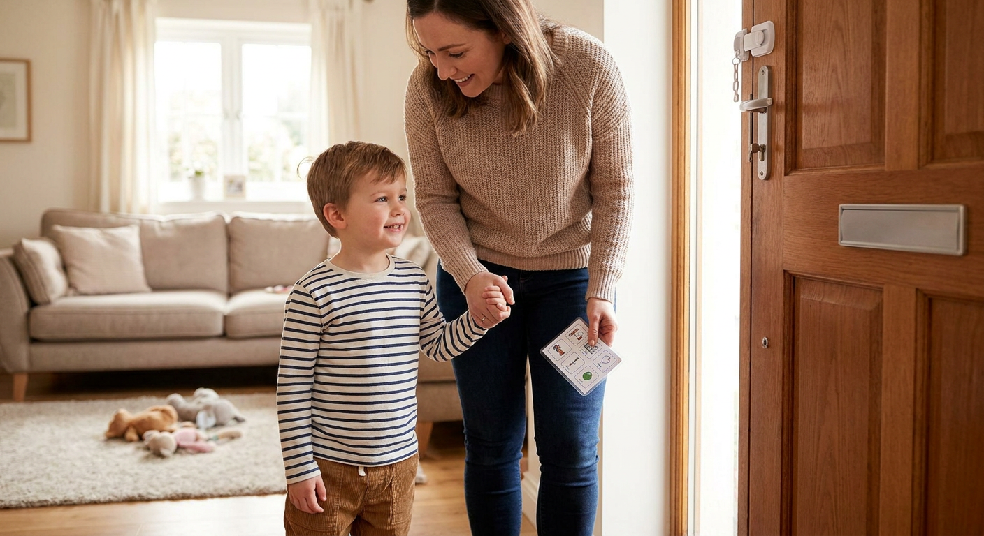 A smiling young child, about 4 years old, stands with a female caregiver in a warm home entryway near the front door, holding hands while the adult points to a simple visual routine card; a high door latch, soft living room seating, and a few toys are visible in the background.