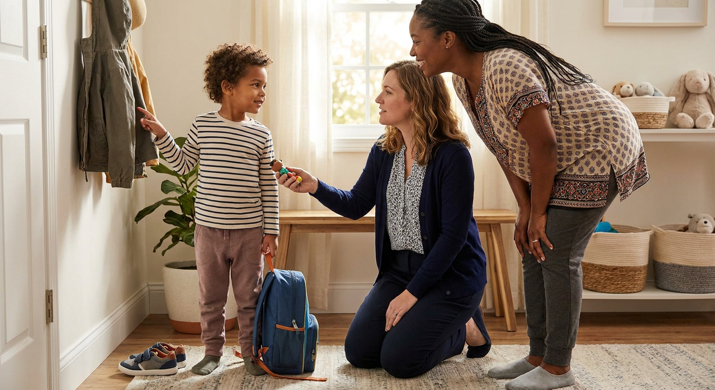 A smiling preschool-aged child stands in a warm home entryway with a small backpack and shoes nearby, pointing toward a hanging jacket while a kneeling female therapist and a parent look on supportively.