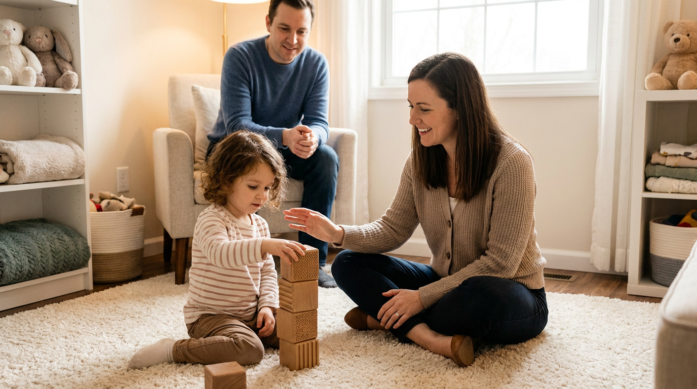 A young child around 4 sits on a soft rug in a warm home-like therapy room, stacking wooden blocks while a smiling woman sits beside them and a man watches supportively from a chair in the background.