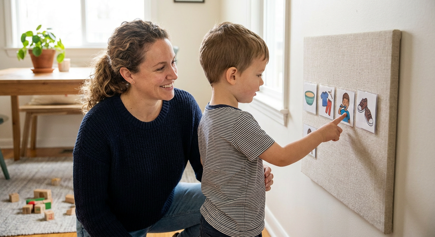 A young child around preschool age stands beside a home visual schedule board and points to a picture card while a smiling caregiver kneels nearby in a bright, cozy room with simple toys in the background.