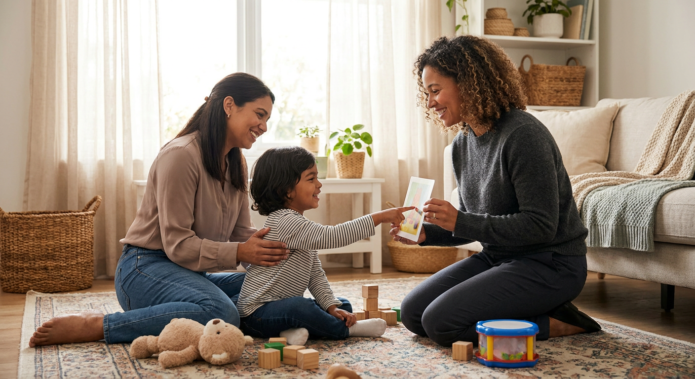 A young child around 4 years old sits on the floor in a warm living room, smiling and pointing to a picture card while a female therapist kneels nearby and a parent sits beside the child, with soft natural light, a couch, and a few toys and blocks visible in the home setting.