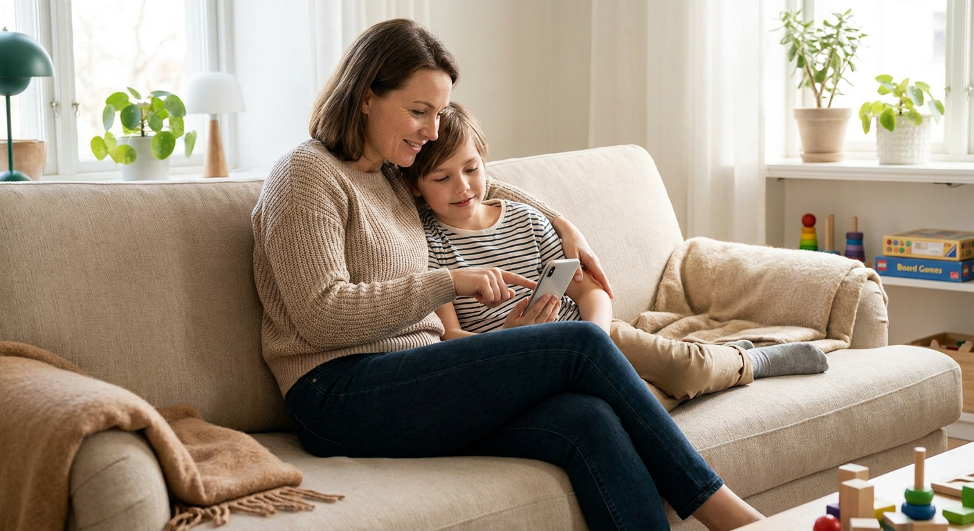 A mother and an older child sit together on a beige living room couch, looking at a smartphone while the mother points at the screen; the room is softly lit with plants, simple toys, and a calm home setting in the background.
