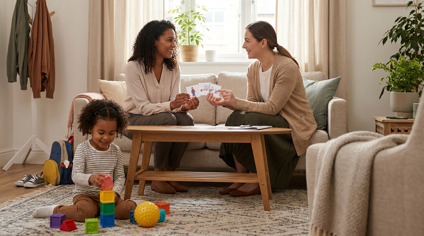 A young child about 4 to 5 years old plays with colorful blocks on a living room rug while two adult women sit on a couch nearby, smiling and holding simple picture cards in a warm home setting with a backpack and child shoes visible near the entry.