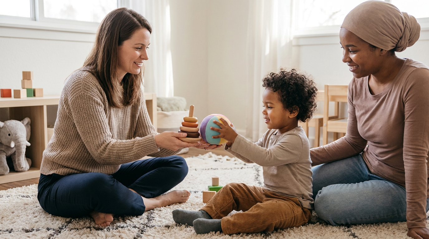 A young child around 3–4 years old sits on a rug in a warm playroom or home-style therapy space, calmly choosing between toys while a female therapist and parent sit nearby smiling and supporting the interaction.