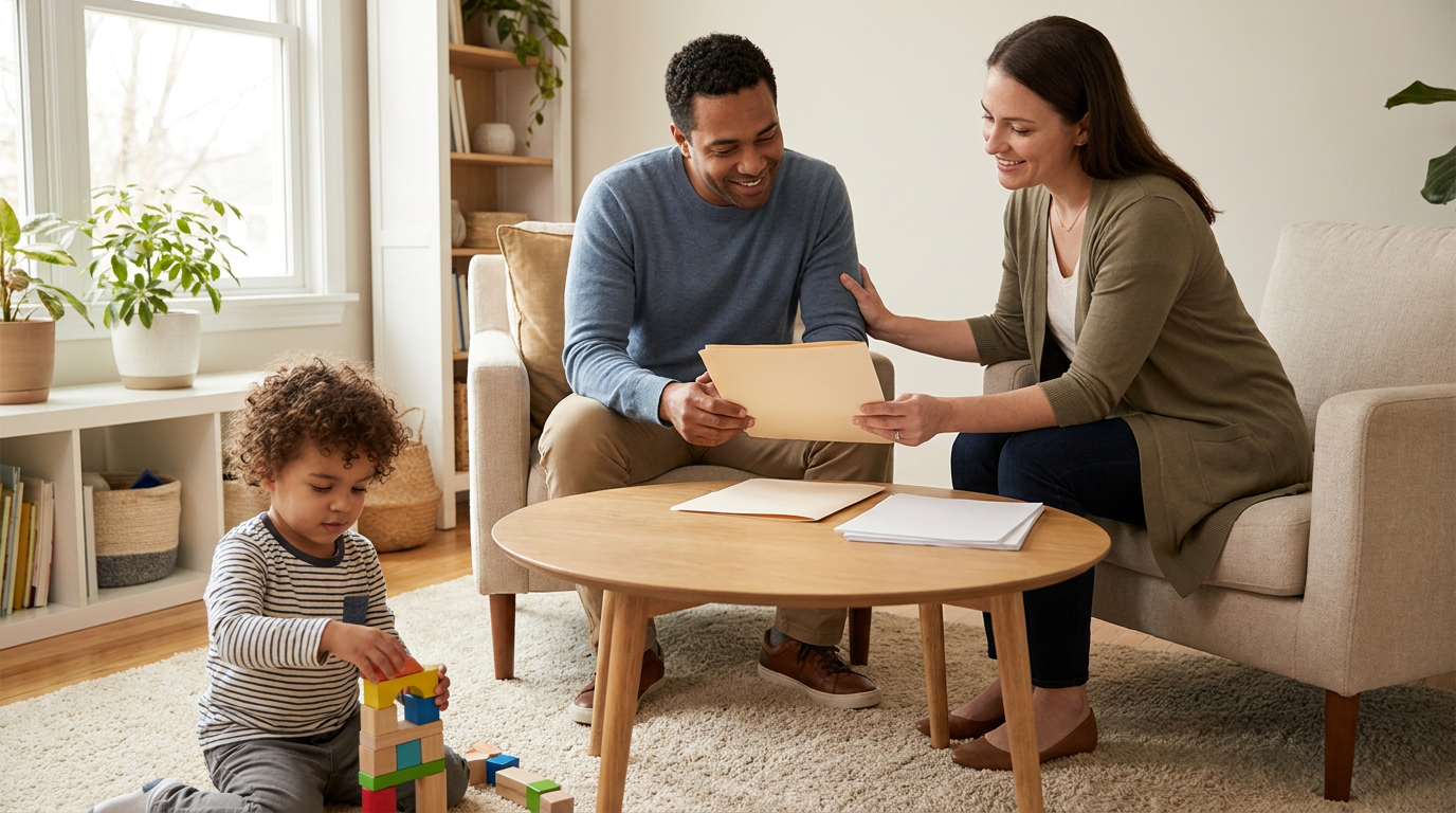 A young child around 3 years old stacks colorful blocks on a rug in a bright living room while a parent and a female therapist sit nearby at a coffee table reviewing papers together.