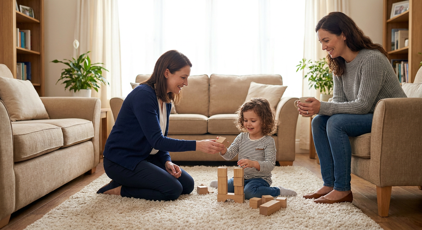 A young child around 4–5 years old sits on a soft living room rug stacking wooden blocks with a female therapist while a parent smiles nearby from a chair, in a warm home setting with neutral furniture, natural light, and a calm, supportive atmosphere.