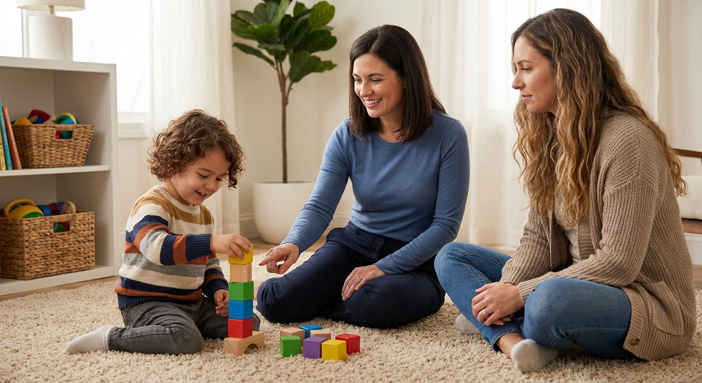 A young child around preschool age sits on a soft rug in a warm home-like therapy room stacking colorful blocks while two adult women sit nearby, smiling and observing supportively, with toy shelves and soft natural light in the background.