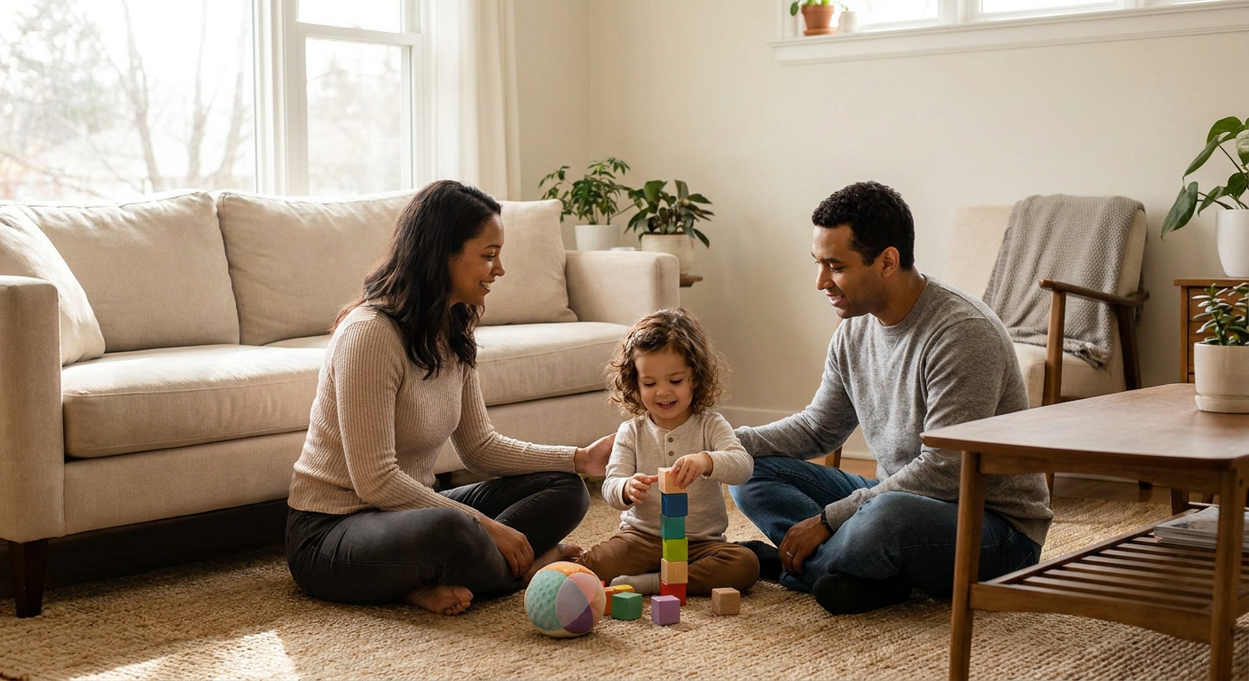 A mother, father, and young child around preschool age sit together on a living room floor, smiling and stacking colorful blocks in a warm home setting with soft natural light and simple toys nearby.