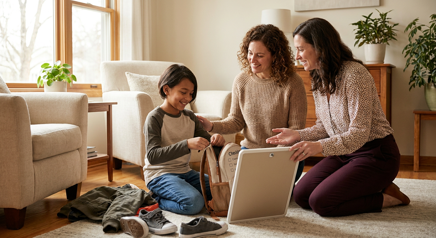 An older child around 9 to 10 years old sits on a living room rug smiling while packing a backpack, with two adult women beside him offering calm support; shoes, clothes, and a simple routine board are on the floor in a warm, sunlit home setting.