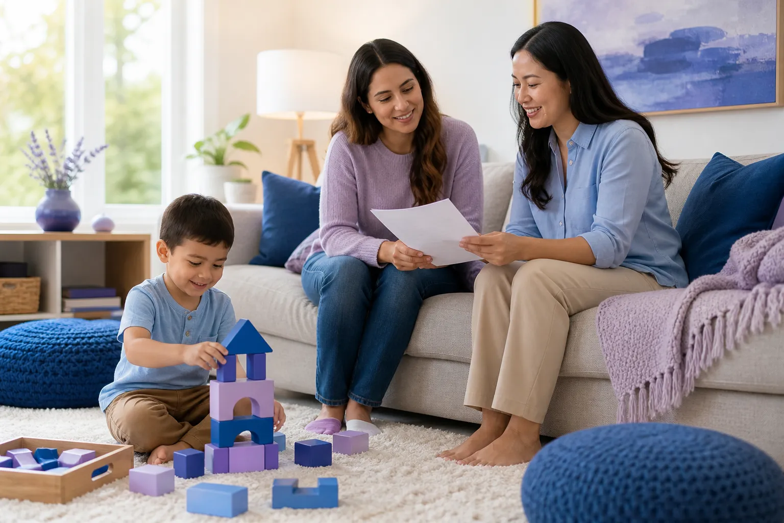 A young child around 4 years old plays with colorful stacking blocks on a rug in a bright living room while their mother and a female therapist sit nearby reviewing paperwork together, with calm expressions and soft blue and lavender accents in the room.