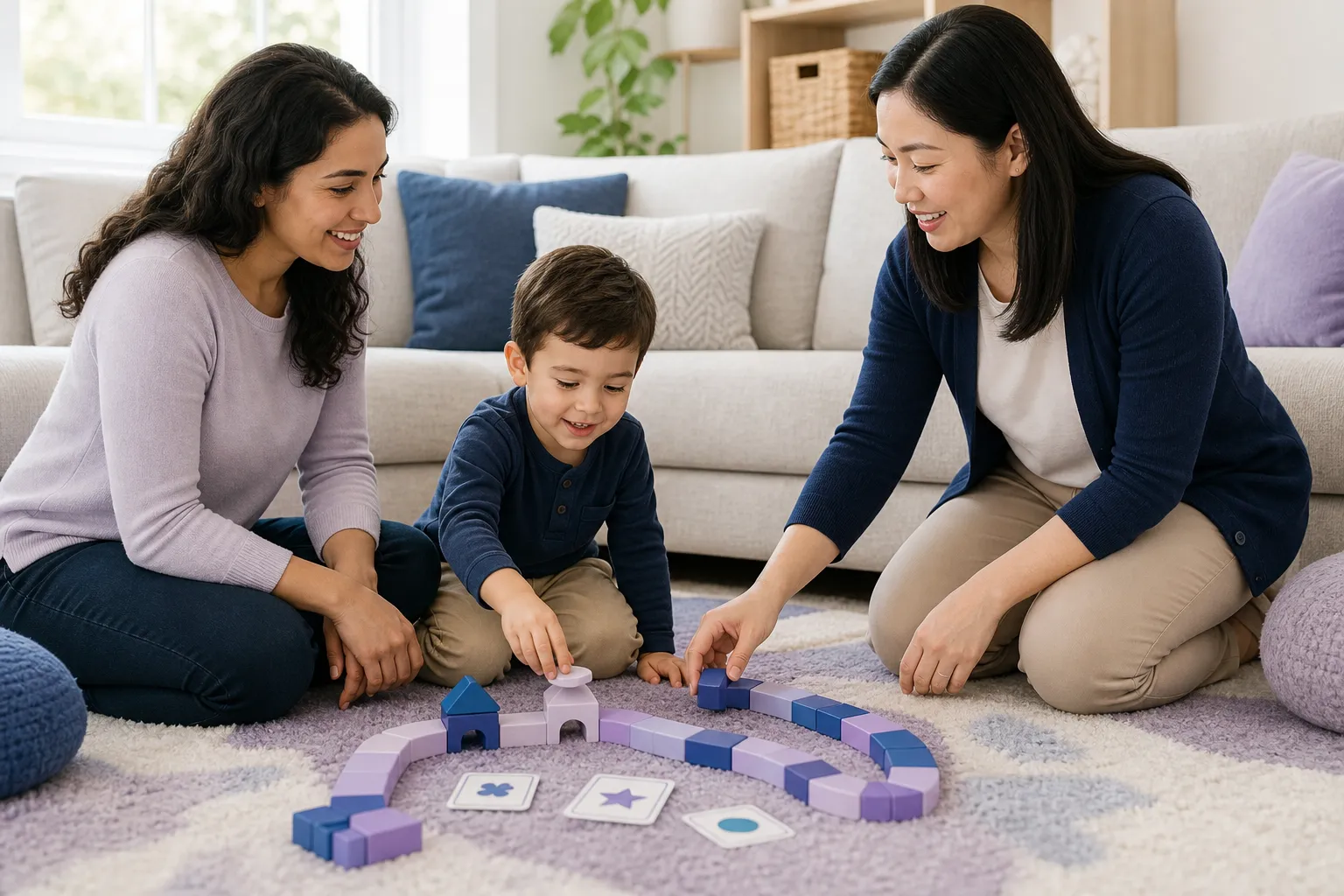 A smiling preschool-aged child sits on a living room rug playing with colorful blocks and picture cards while a parent and a female therapist kneel nearby and guide the activity in a warm, softly lit home setting with navy and lavender accents.