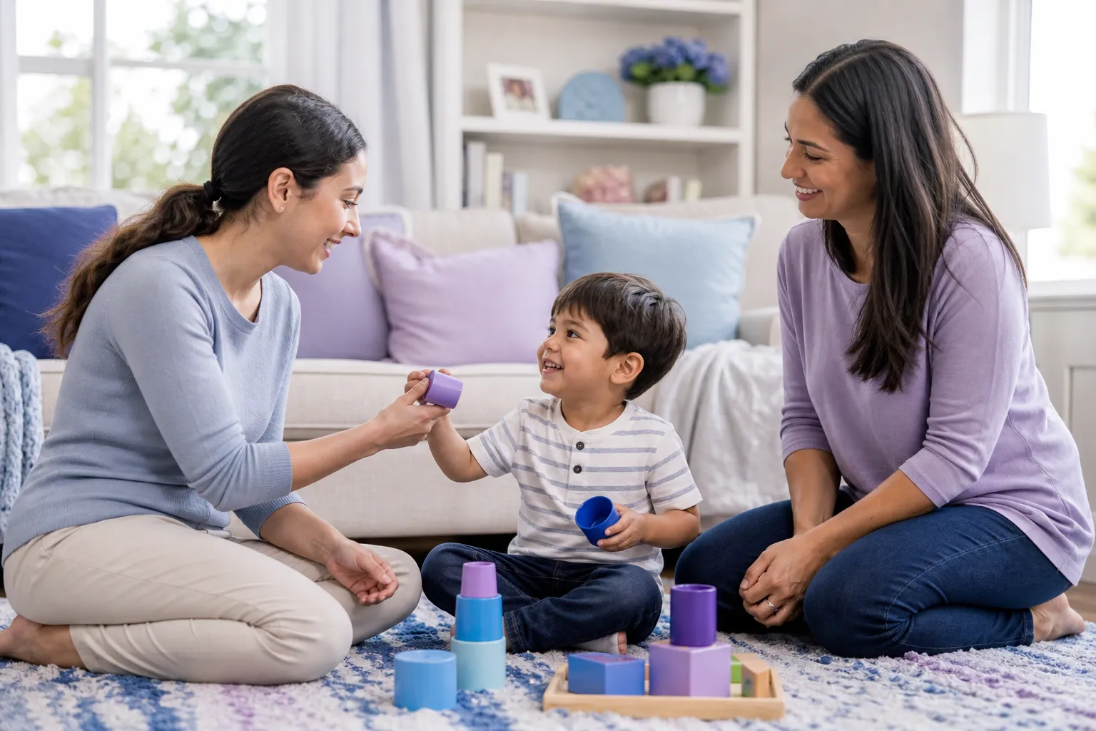 A young child about 4 years old sits on a living room rug at home, playing with colorful stacking toys while a female therapist and a parent sit nearby, smiling and supporting the interaction in a bright, cozy room with soft blue and lavender accents.