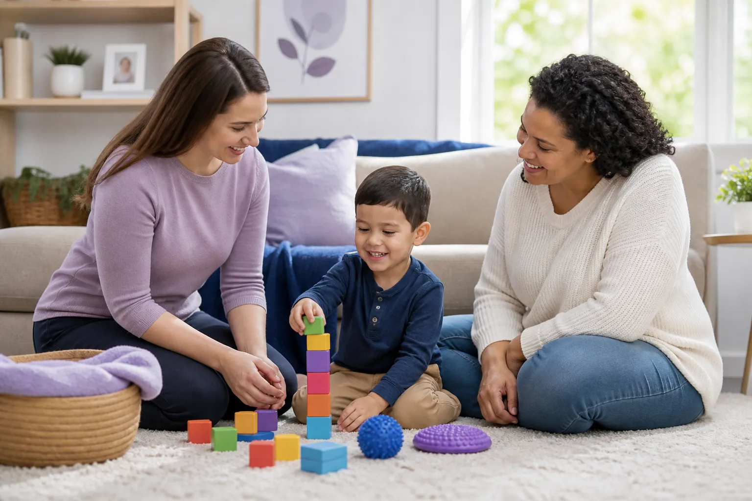 A young child around 4 years old sits on a rug in a bright living room stacking colorful blocks with a female therapist and a parent nearby, all smiling and engaged in a calm in-home therapy moment with a sofa, shelves, and soft natural light in the background.