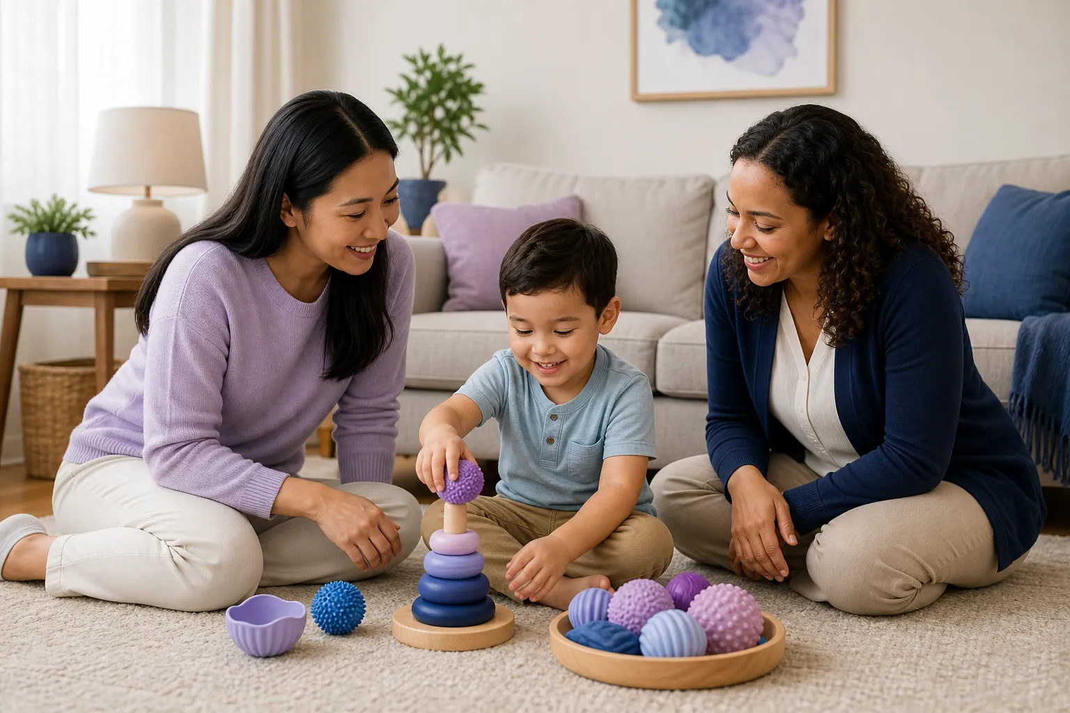 A preschool-age child sits on a living room rug playing with colorful sensory stacking toys while a mother and a female therapist kneel nearby in a warm, sunlit home setting with soft blue and lavender accents.