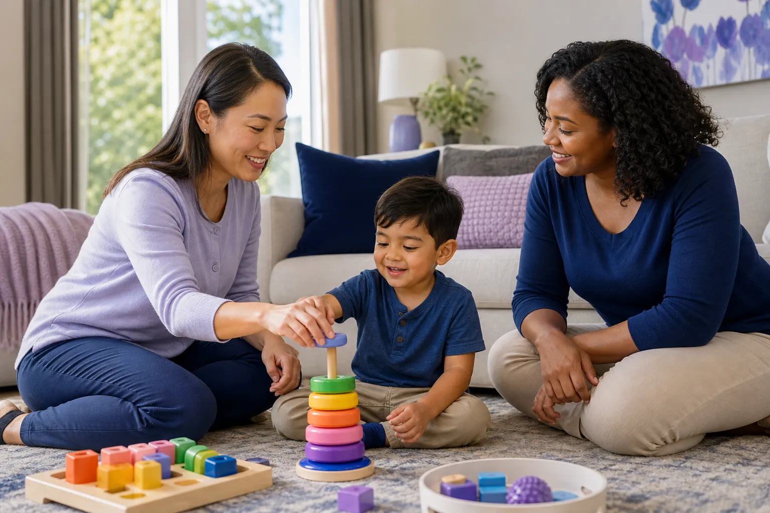 A young child around 3 to 4 years old plays with colorful stacking toys on a cozy living room rug while a female therapist and a parent sit nearby smiling and engaged, with soft daylight, warm home decor, and subtle navy and lavender accents.