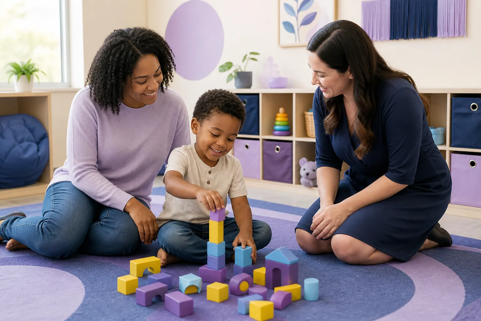 A young child about 4 to 5 years old builds with colorful blocks on a soft rug in a bright classroom play corner while the child’s mother and a female ABA therapist sit nearby, smiling and talking in a calm, supportive school setting with cubbies, toys, and soft blue and purple accents.
