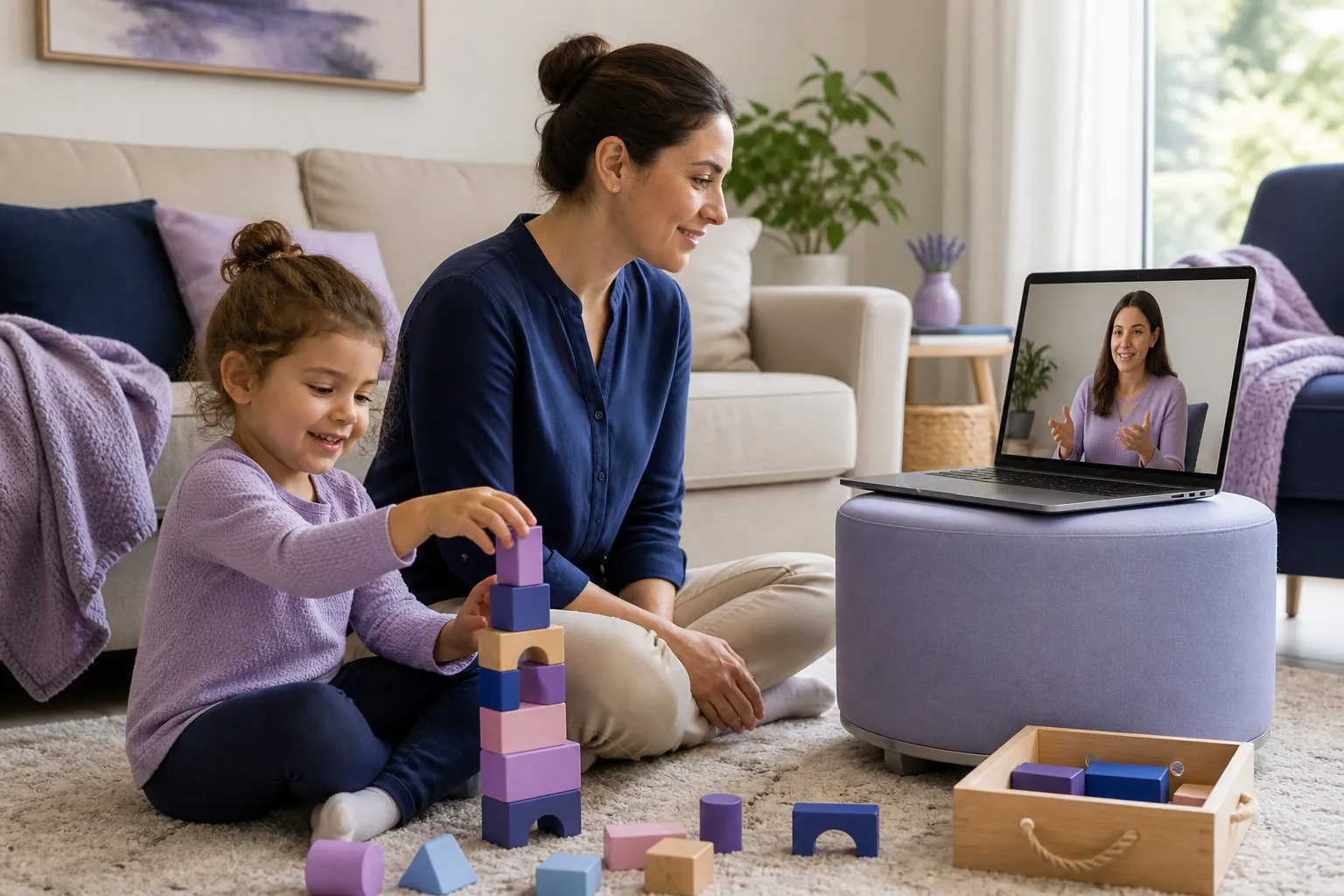 A parent sits beside a preschool-aged child playing with colorful blocks on a living room rug while a female therapist appears on a laptop screen during a telehealth coaching session in a warm, softly lit home living room with navy and lavender accents.