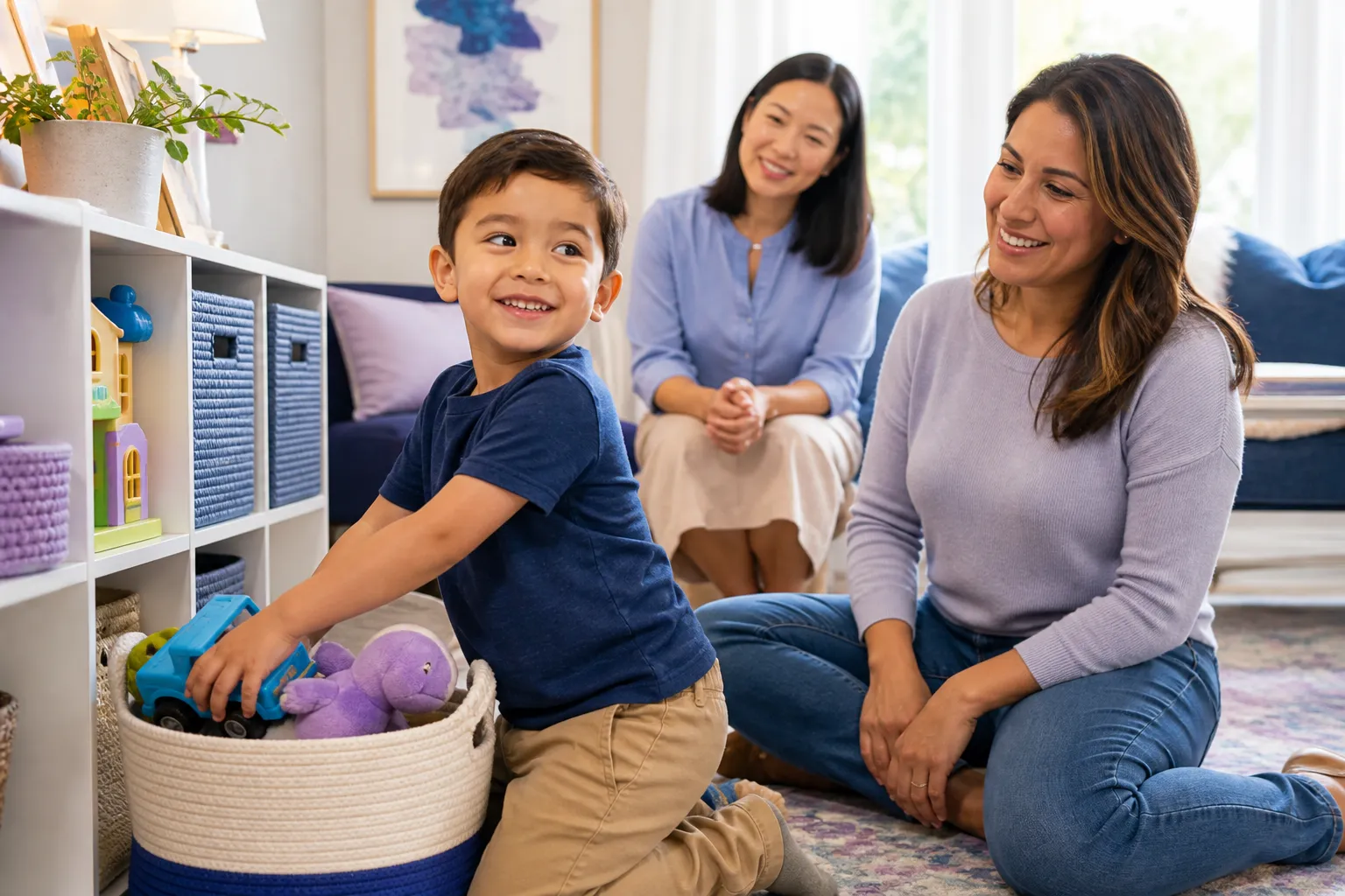 A young child around 4 to 5 years old plays with colorful stacking toys on a rug in a bright, cozy living room while a female therapist in modest work-casual clothing sits nearby at the child’s level, smiling and offering gentle support.