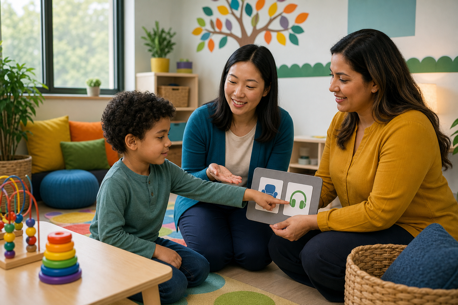 A young child sits at a low table in a colorful classroom play area, choosing a picture card while two female caregivers, one in a teal cardigan and one in a mustard blouse, support the transition at the child’s level.
