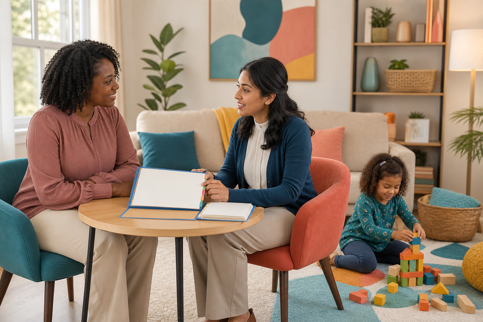 A Black mother and a female ABA professional organize a blank meeting folder at a small table in a colorful home lounge while a happy autistic 5-year-old builds with colorful blocks nearby.