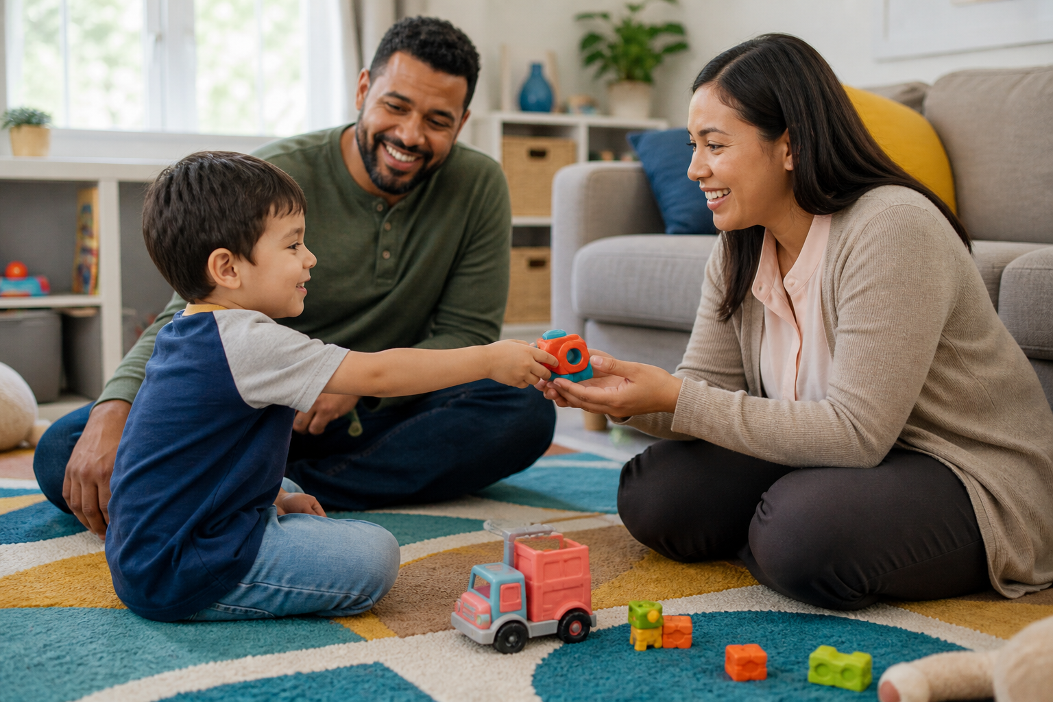A young child around five sits on a colorful rug in a bright home living room, handing a toy to a female therapist while a supportive father looks on nearby, with warm natural light and teal, mustard, and coral accents.