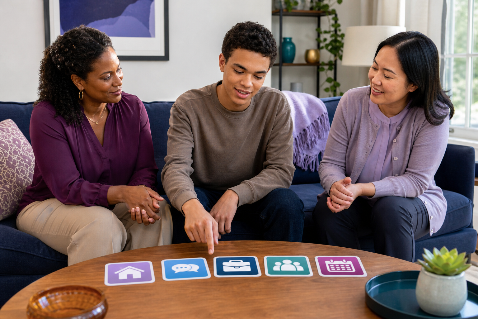 A Black mother, a 19-year-old young man, and a female therapist sit together in a colorful home lounge while the young man points to text-free visual planning cards with simple home, communication, work, community, and calendar icons.