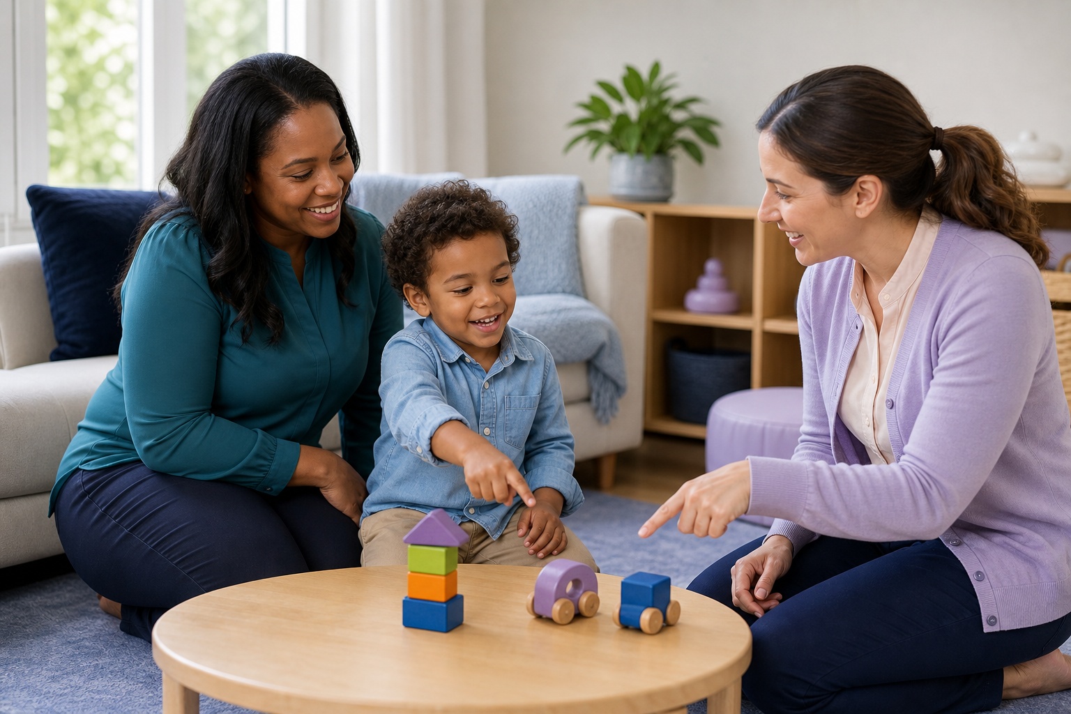 A preschool-aged child with curly dark hair calmly builds colorful wooden blocks at a low table in a bright family living room while a mother and a female therapist in modest work-casual clothing share the activity.