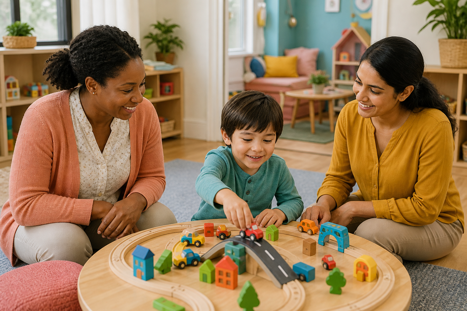 A calm young child builds a colorful wooden play activity at a low table in a bright early-childhood playroom while two female adults, a behavior therapist and a classroom teacher, offer supportive guidance; an open doorway reveals another cozy play area behind them.