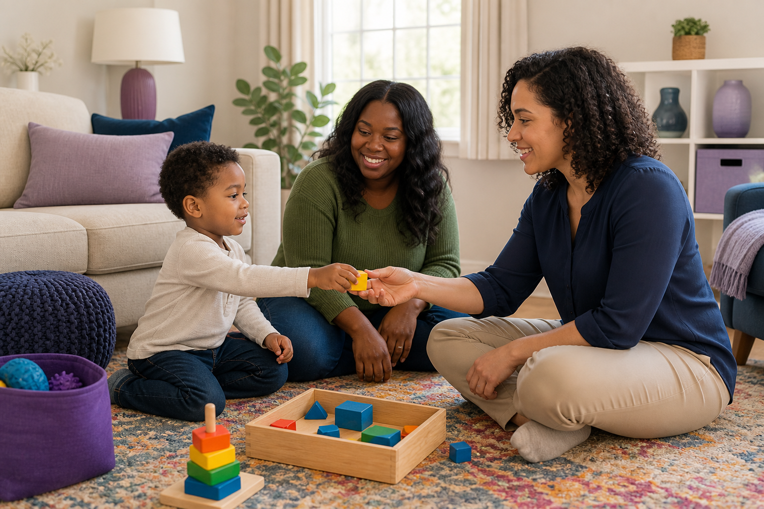 A preschool child and a female therapist sit on a colorful rug in a bright living room while a caregiver smiles nearby and helps with a turn-taking block activity.