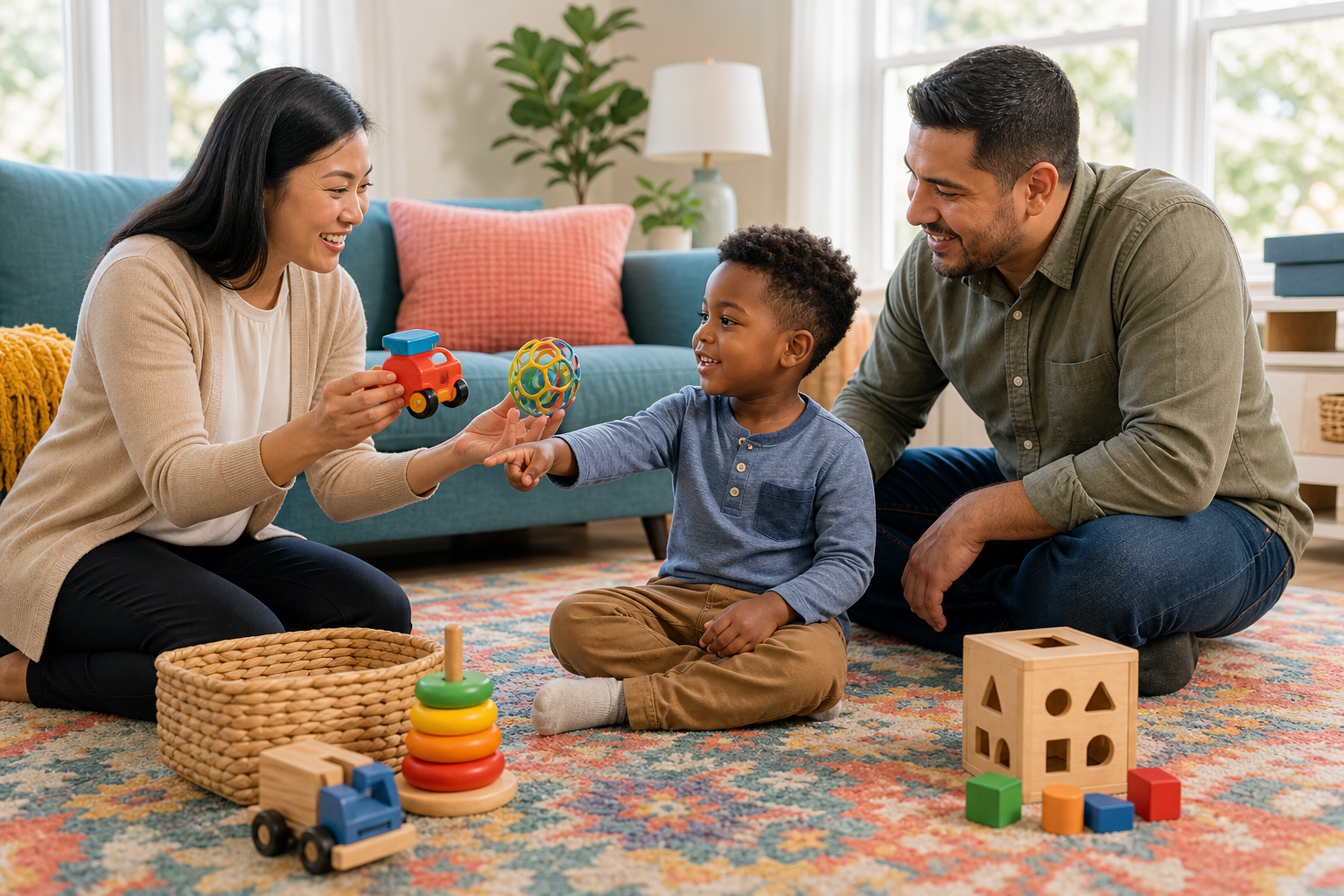 A preschool-aged child sits on a colorful living-room rug, choosing between toys with a female therapist while a father supports the interaction nearby.
