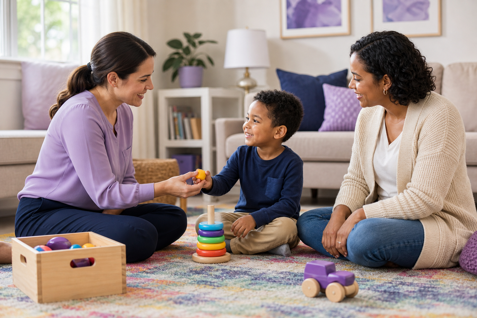 A young child sits on a colorful rug in a bright living room, smiling while handing a stacking toy to a female therapist, with a parent nearby.