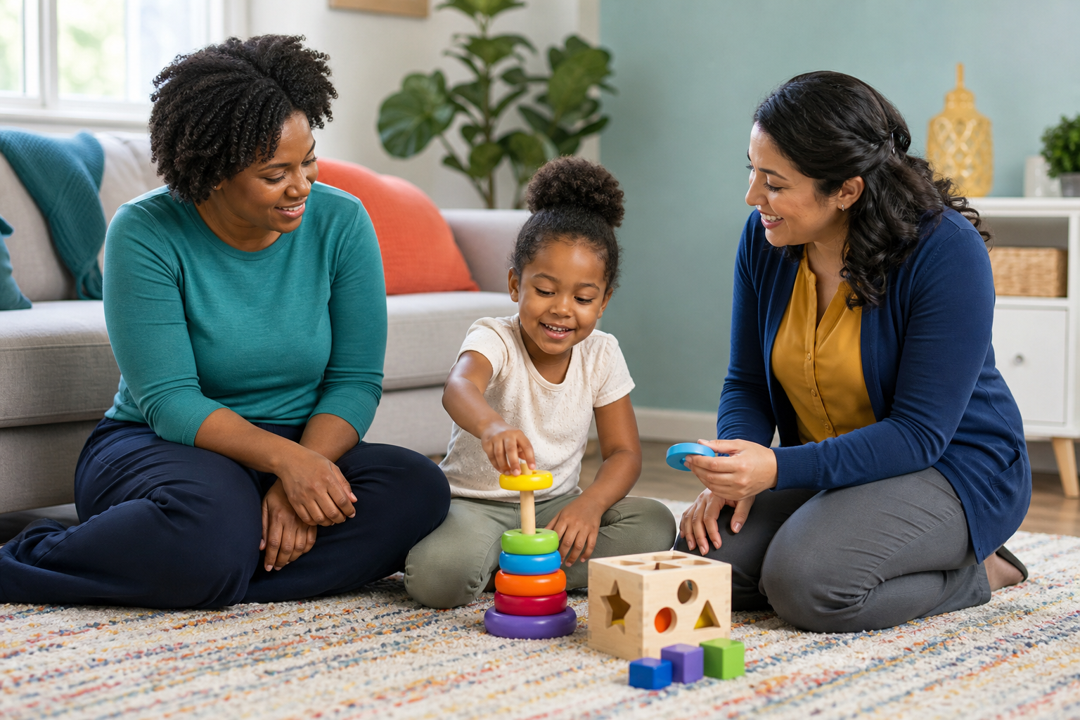 A Black mother and an East Asian female ABA therapist sit with a calm young child in a colorful home lounge while the child places rings on a stacking toy during a supportive, play-based activity.