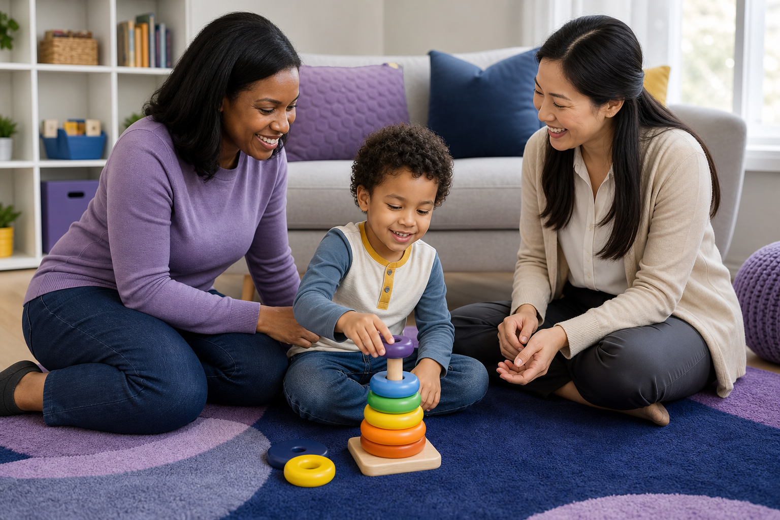 A calm young child around five plays with colorful stacking toys on a rug in a bright living room while a Black mother and a female therapist in modest work-casual clothing sit beside the child and share a supportive smile.