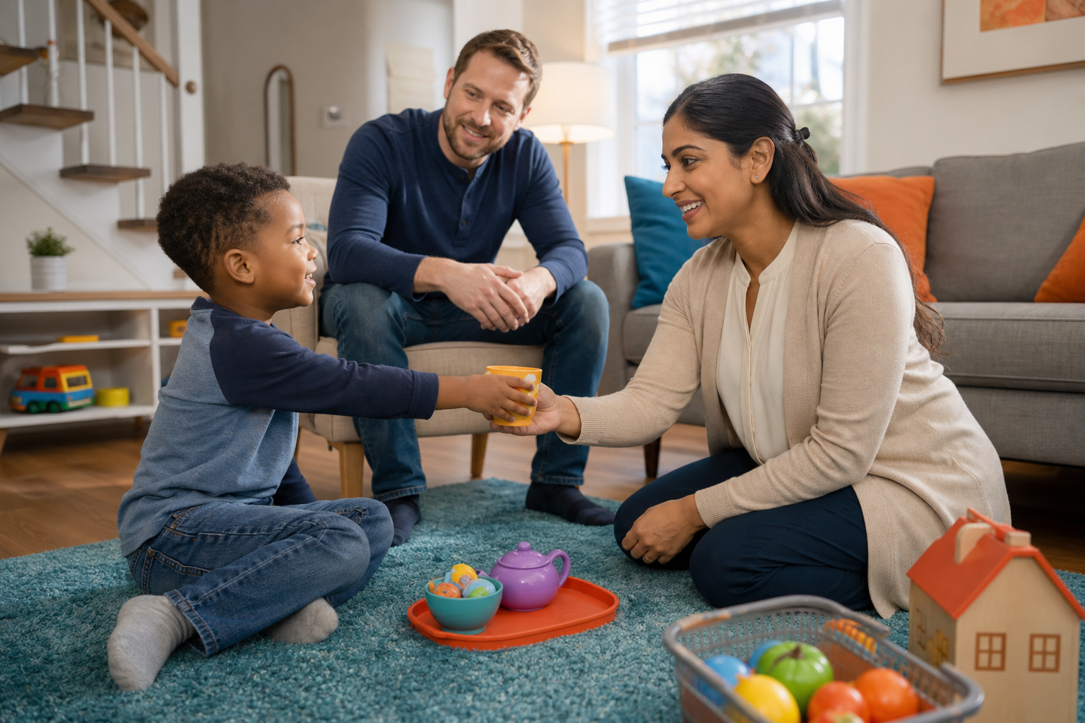 A 4-year-old boy sits on a colorful rug in a bright home living room, handing a toy cup to a smiling female therapist while a male caregiver observes nearby.