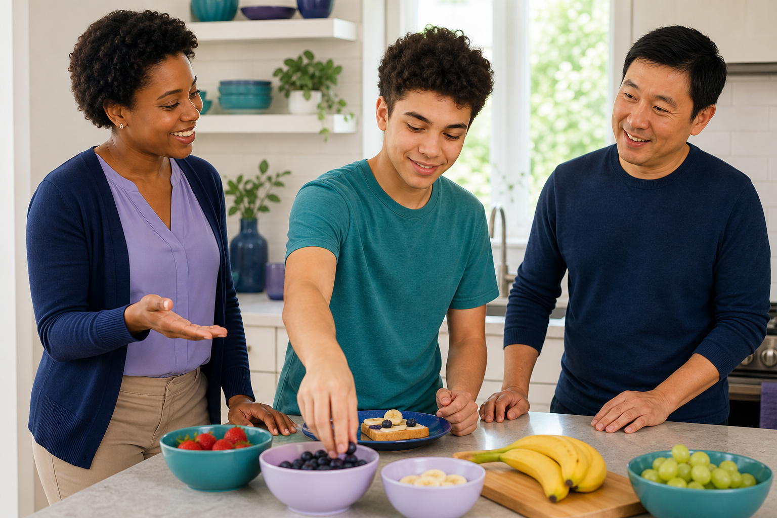 A teenage boy prepares a fruit snack at a bright home kitchen counter while a female therapist and male caregiver offer supportive guidance, with colorful navy and lavender accents in the room.