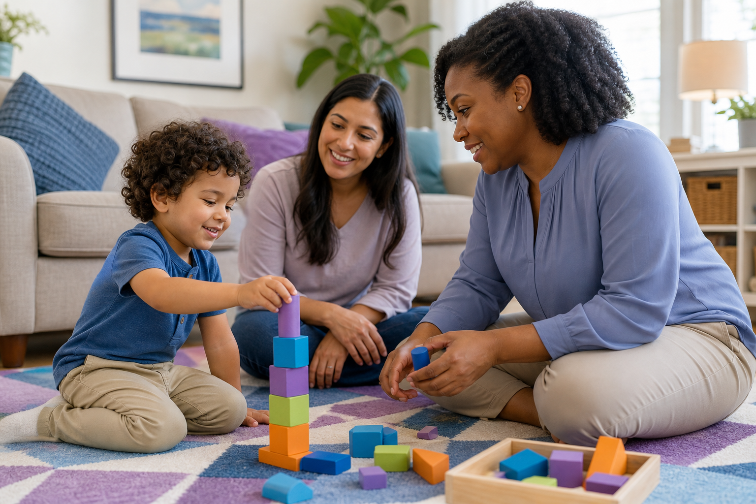 A young child about 4 years old plays with colorful wooden blocks in a bright living room while a female ABA therapist and the child’s mother support the activity.