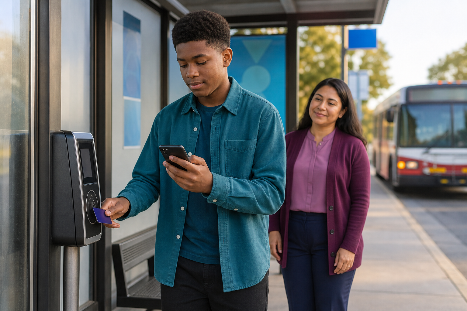 A Black older teenage boy at a suburban bus stop taps a contactless transit card while checking a smartphone route, with a Latina female caregiver standing nearby and a bus in the background.