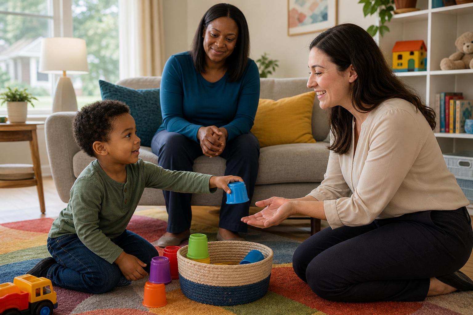 A 4-year-old child sits on a colorful rug in a bright home living room, reaching for a stacking cup with a female ABA therapist while a caregiver smiles from a nearby sofa.