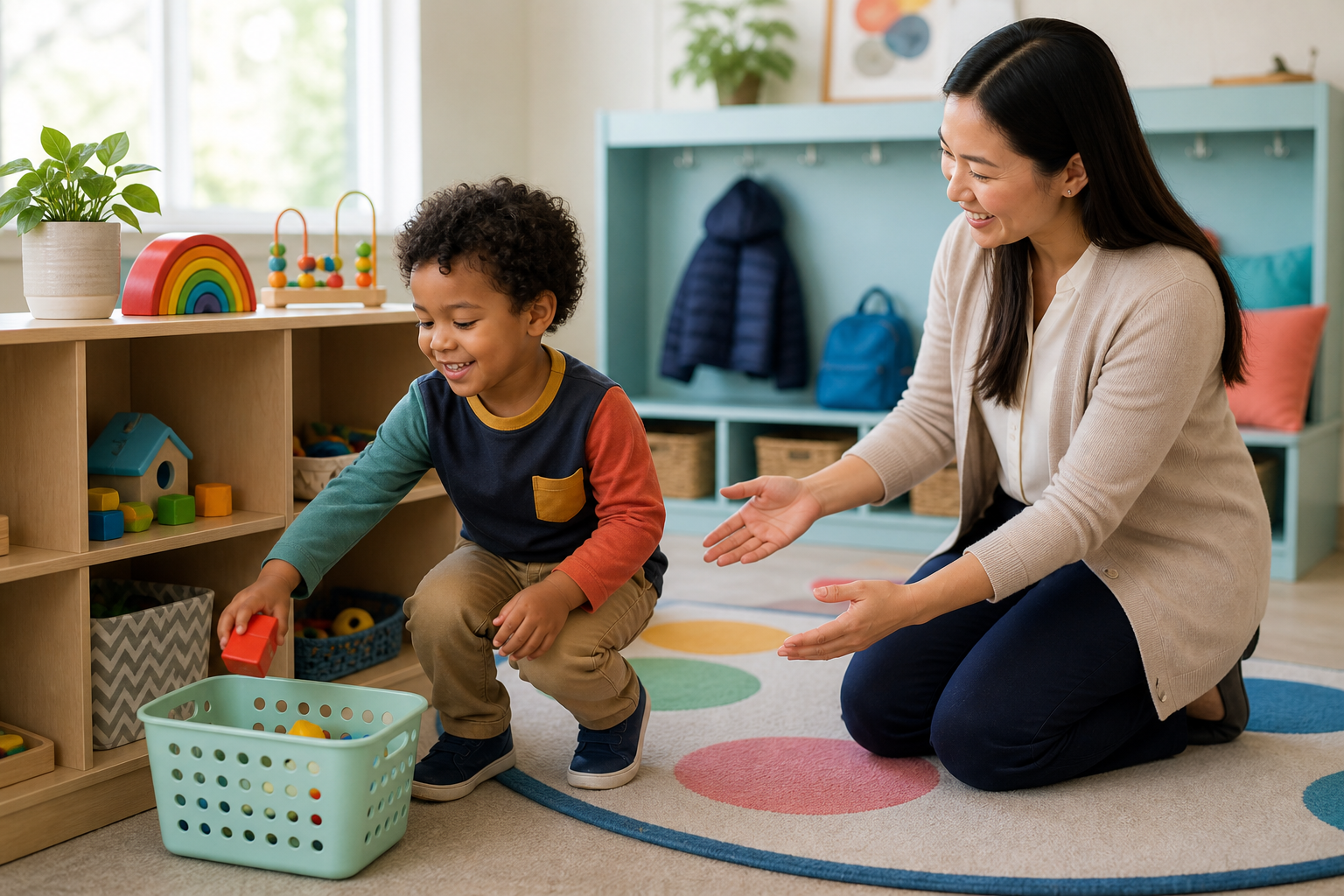 A preschool-aged autistic child with curly dark hair moves a colorful toy into an activity basket in a bright preschool playroom while a female ABA therapist kneels nearby with an encouraging smile; low cubbies, a play rug, and a child-sized backpack appear in the background.