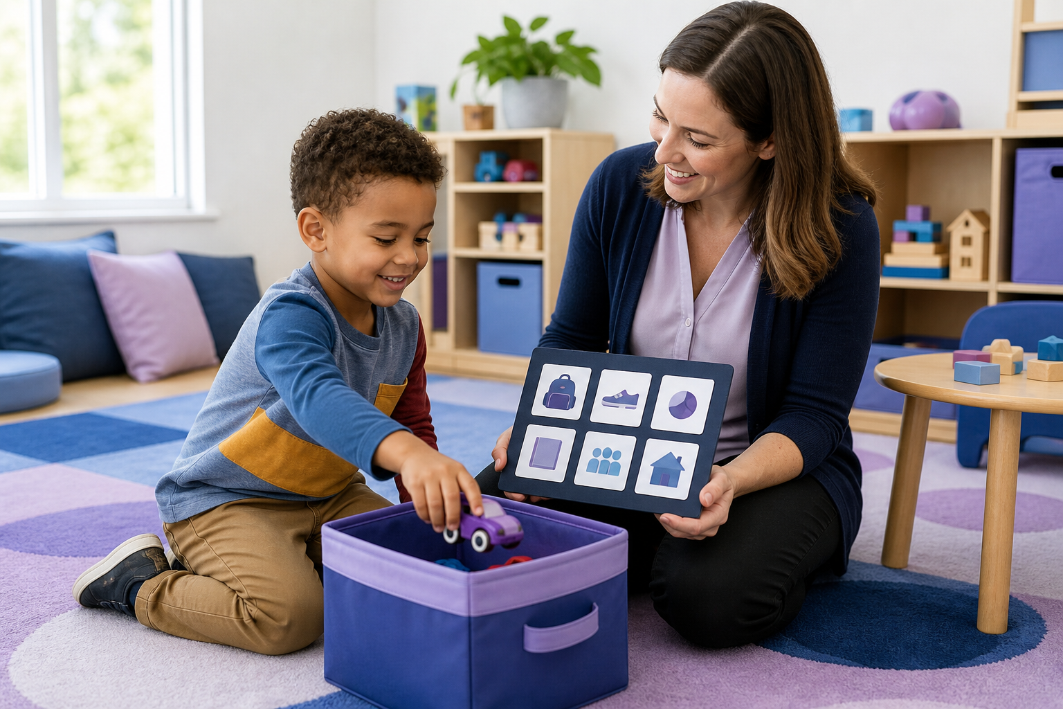 A smiling young child with curly dark hair sits in a colorful early-childhood classroom beside a female behavior therapist while placing a toy car into a bin and choosing from a picture board.