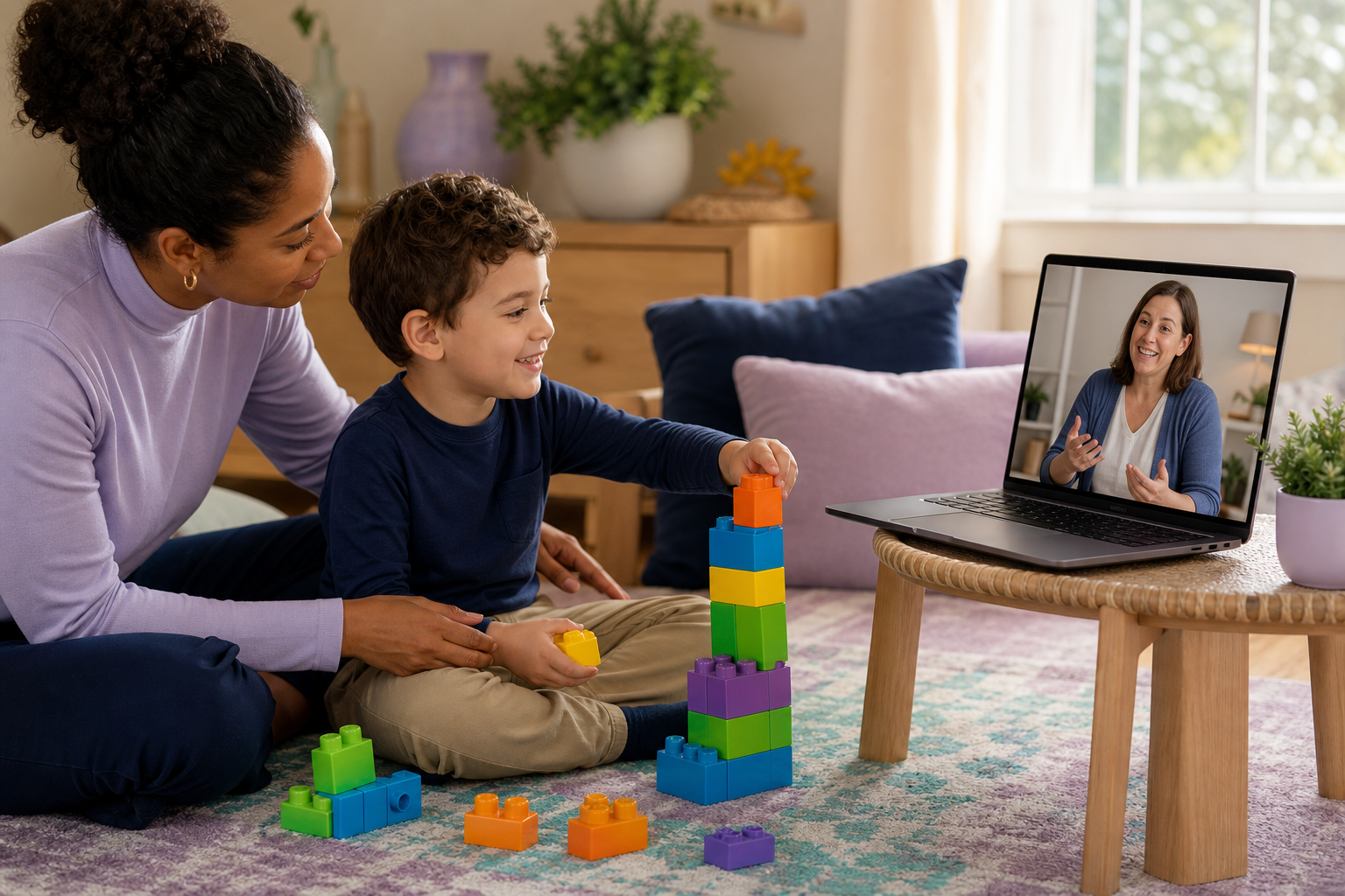 A preschool-age child sits on a colorful rug in a bright, tidy home living room, stacking large blocks beside a female caregiver while a female BCBA therapist appears on a laptop during a video session.